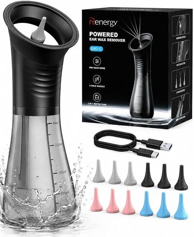 Renergy Electric Ear Wax Removal Kit, Powered Ear Wax Remover with LED Display, Dual Clean & Waste Tank, Water Ear Cleaner & Ear Cleaning Kit, Ear Irrigation Flushing System, 3 Modes, 12 Nozzles, IP67 in Saudi Arabia