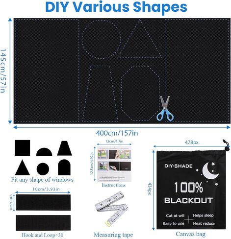 Blackout Window Cover 400x148cm, Portable Blackout Curtains for Bedroom, Temporary Blackout Blinds Window Privacy Film, No Drill Blackout Shades for Media Room Travel Skylight, 30 Hook & Loops, 420D in Saudi Arabia
