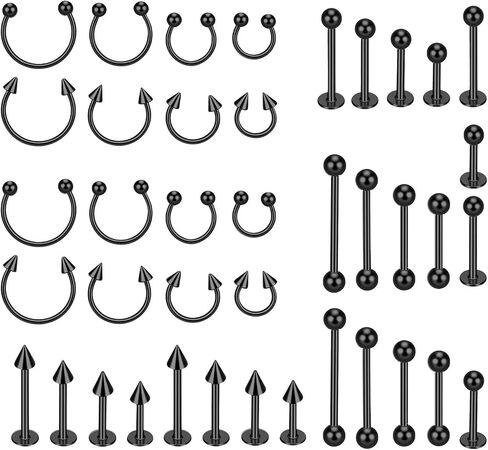 Sibba Lip Rings 40 PCS Stainless Steel Piercing Jewelry Set Curved Labret Septum Rings Nose Ring Cartilage Hoops Snake Bite Horseshoe Barbell for Women Men in Kuwait
