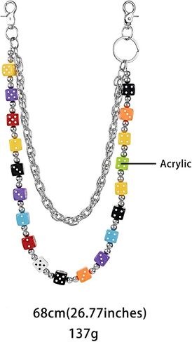 2 Layer Colorful Acrylic Dice Pants Waist Chain, 26.7 Inch 137g Heavy Duty Rock Jeans Chain, Beaded Wallet Punk Hip Hop Belt Accessory for Men Women in Saudi Arabia