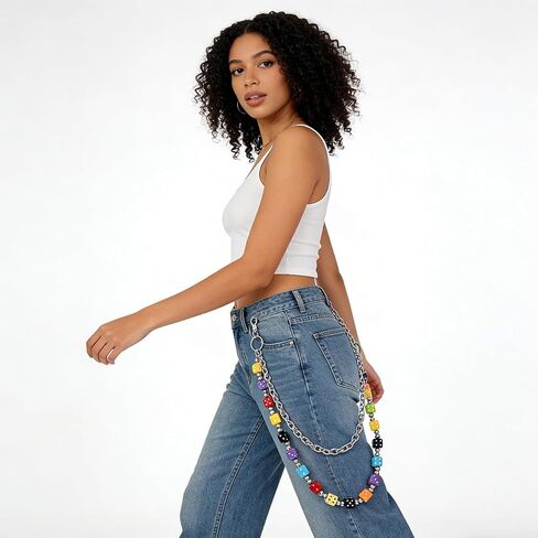2 Layer Colorful Acrylic Dice Pants Waist Chain, 26.7 Inch 137g Heavy Duty Rock Jeans Chain, Beaded Wallet Punk Hip Hop Belt Accessory for Men Women in Saudi Arabia