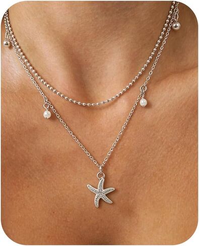 Starfish Shell Necklace for Women,14k Gold Plated Silver Layered SeaShell Pearl Pendant Charm Necklaces Dainty Non Tarnish Adjustable Waterproof Beaded Necklace Stack Jewelry for Summer Beach Vacation in Saudi Arabia