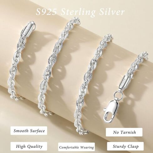 S925 Sterling Silver Necklace for Women - 3.5mm S925 Sterling Silver Rope Chain Necklace Handmade Jewelry Silver Necklaces for Women 16/18/20/22/24/26 Inch in Saudi Arabia