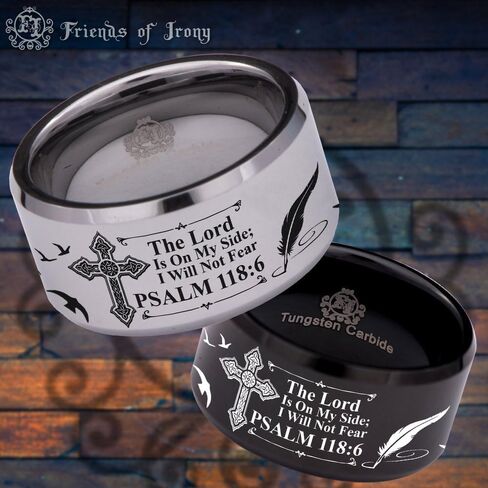Friends of Irony Silver Tungsten Carbide Psalm 118:6 Ring 12mm, Christian Wedding Band and Anniversary Ring, Designed Fit for Men and Women Use Size 11 in Saudi Arabia