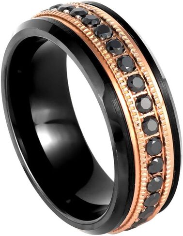 8mm Black and Rose Gold Ion Plated Tungsten Wedding Band for Men and Women, Milgrain Edge Eternity Ring with Round Cut Black Cubic Zirconia, Comfort Fit Anniversary Promise Band in Kuwait