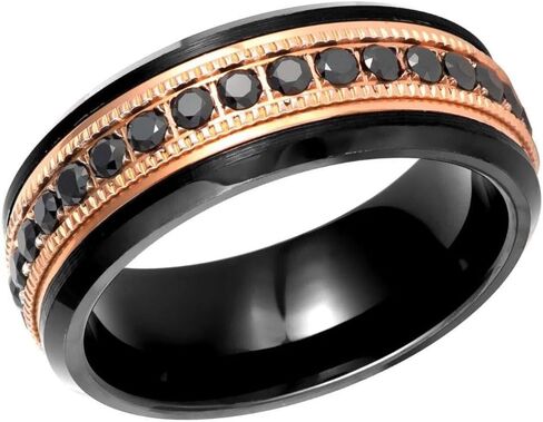 8mm Black and Rose Gold Ion Plated Tungsten Wedding Band for Men and Women, Milgrain Edge Eternity Ring with Round Cut Black Cubic Zirconia, Comfort Fit Anniversary Promise Band in Kuwait