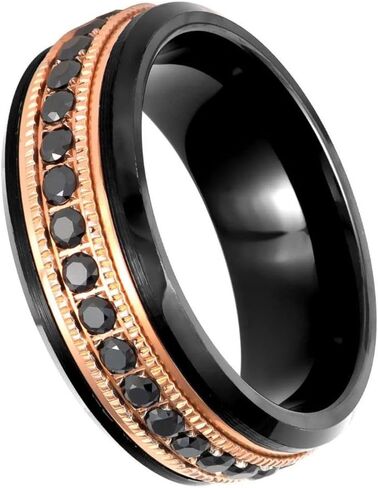 8mm Black and Rose Gold Ion Plated Tungsten Wedding Band for Men and Women, Milgrain Edge Eternity Ring with Round Cut Black Cubic Zirconia, Comfort Fit Anniversary Promise Band in Kuwait
