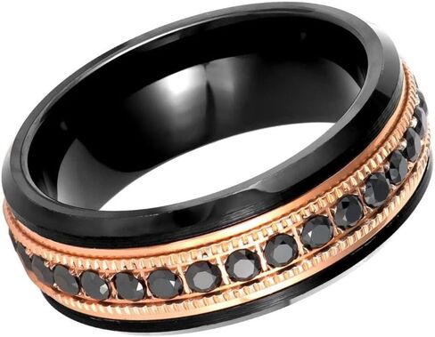 8mm Black and Rose Gold Ion Plated Tungsten Wedding Band for Men and Women, Milgrain Edge Eternity Ring with Round Cut Black Cubic Zirconia, Comfort Fit Anniversary Promise Band in Kuwait
