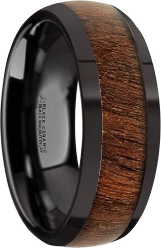 WALLACE Black Ceramic Polished Finish Men’s Domed Wedding Band with Black Walnut Inlay - 8mm in Kuwait