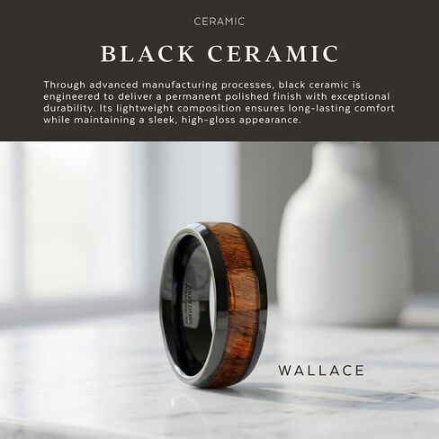 WALLACE Black Ceramic Polished Finish Men’s Domed Wedding Band with Black Walnut Inlay - 8mm in Kuwait