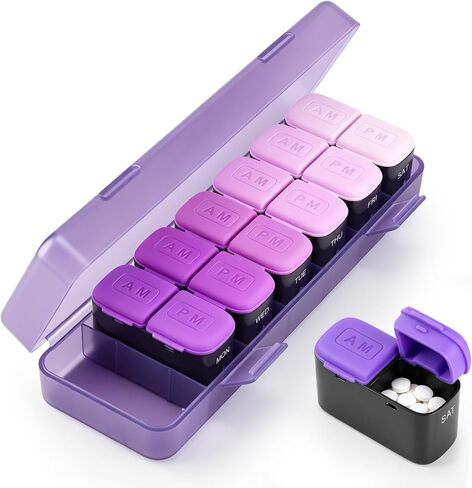 Weekly Pill Organizer 2 Times a Day, Portable AM PM Medicine Box with Large Compartments, Travel Pill Organizer Case, Moisture-Proof Daily Containers for Vitamins, Supplements & Medication (Purple) in Saudi Arabia