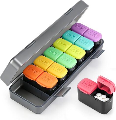 Weekly Pill Organizer 2 Times a Day, Portable AM PM Medicine Box with Large Compartments, Travel Pill Organizer Case, Moisture-Proof Daily Containers for Vitamins, Supplements & Medication (Purple) in Saudi Arabia