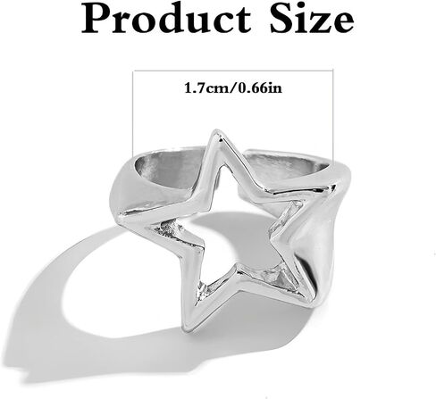 Hollow Star Open Band Statement Ring Retro Punk Gothic Grunge Aesthetic Silver Chunky Adjustable Stackable Comfort Fit Fashion Star Ring for Women Men Vintage Minimalist Statement Finger Jewelry in Saudi Arabia