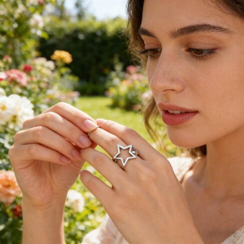 Hollow Star Open Band Statement Ring Retro Punk Gothic Grunge Aesthetic Silver Chunky Adjustable Stackable Comfort Fit Fashion Star Ring for Women Men Vintage Minimalist Statement Finger Jewelry in Saudi Arabia