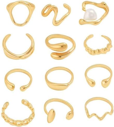 Gold Irregular Open Ring Set for Women, 12Pcs Adjustable Molten Metal Rings, Vintage Y2K Artistic Stackable Jewelry Set for Daily Wear in Saudi Arabia