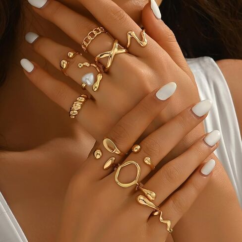 Gold Irregular Open Ring Set for Women, 12Pcs Adjustable Molten Metal Rings, Vintage Y2K Artistic Stackable Jewelry Set for Daily Wear in Saudi Arabia