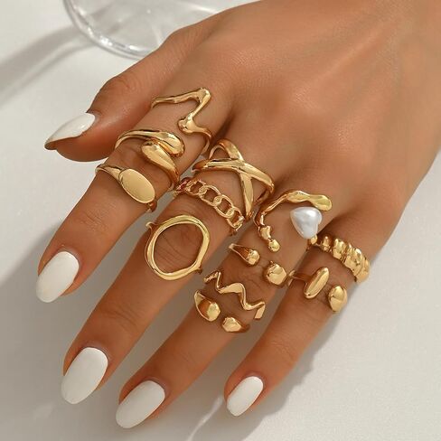Gold Irregular Open Ring Set for Women, 12Pcs Adjustable Molten Metal Rings, Vintage Y2K Artistic Stackable Jewelry Set for Daily Wear in Saudi Arabia