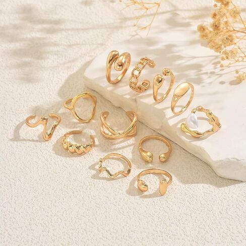 Gold Irregular Open Ring Set for Women, 12Pcs Adjustable Molten Metal Rings, Vintage Y2K Artistic Stackable Jewelry Set for Daily Wear in Saudi Arabia