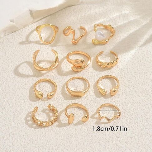 Gold Irregular Open Ring Set for Women, 12Pcs Adjustable Molten Metal Rings, Vintage Y2K Artistic Stackable Jewelry Set for Daily Wear in Saudi Arabia