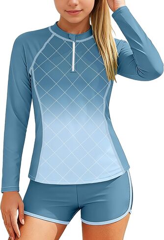 BAVADER Girls Rash Guard Swimsuit 2 Piece Long Sleeve Bathing Suit Half-Zip Swimwear UPF 50+ Sun Protection Swimsuit 9-16Y in Kuwait