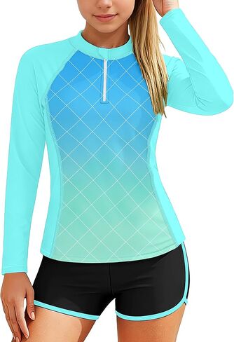 BAVADER Girls Rash Guard Swimsuit 2 Piece Long Sleeve Bathing Suit Half-Zip Swimwear UPF 50+ Sun Protection Swimsuit 9-16Y in Saudi Arabia