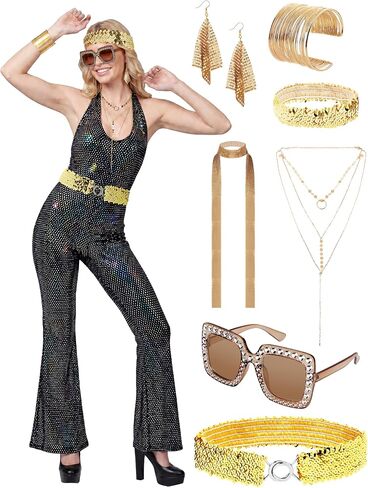 Women's 70s Disco Jumpsuit Costumes Fashion Disco Accessories for Halloween Necklace Earrings Bracelet Glasses Belt in Kuwait