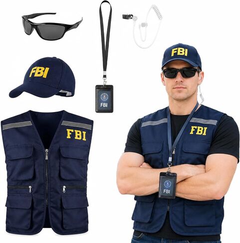 FBI Costume Men Women Agent Vest Hat Badge Sunglasses Earpiece Police Detective Spy Roleplay Halloween Accessories Set in Saudi Arabia