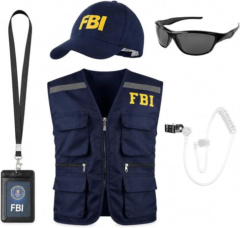 FBI Costume Men Women Agent Vest Hat Badge Sunglasses Earpiece Police Detective Spy Roleplay Halloween Accessories Set in Saudi Arabia