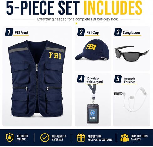 FBI Costume Men Women Agent Vest Hat Badge Sunglasses Earpiece Police Detective Spy Roleplay Halloween Accessories Set in Saudi Arabia