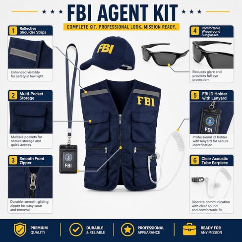 FBI Costume Men Women Agent Vest Hat Badge Sunglasses Earpiece Police Detective Spy Roleplay Halloween Accessories Set in Saudi Arabia