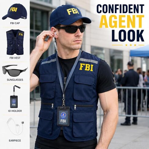 FBI Costume Men Women Agent Vest Hat Badge Sunglasses Earpiece Police Detective Spy Roleplay Halloween Accessories Set in Saudi Arabia