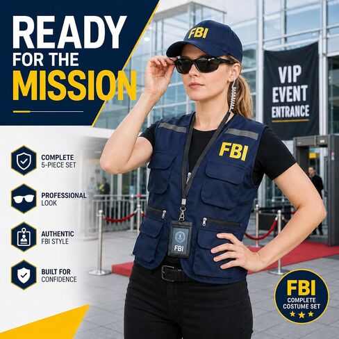 FBI Costume Men Women Agent Vest Hat Badge Sunglasses Earpiece Police Detective Spy Roleplay Halloween Accessories Set in Saudi Arabia