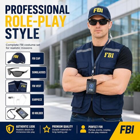 FBI Costume Men Women Agent Vest Hat Badge Sunglasses Earpiece Police Detective Spy Roleplay Halloween Accessories Set in Saudi Arabia