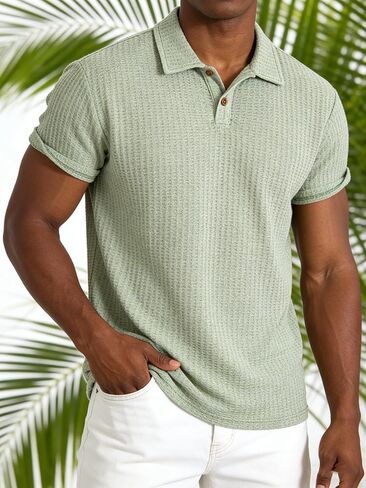Men's Knit Waffle Short Sleeve Polo Shirt – Soft & Comfortable Casual Polo for Daily Wear in Kuwait