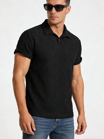 Men's Knit Waffle Short Sleeve Polo Shirt – Soft & Comfortable Casual Polo for Daily Wear in Kuwait