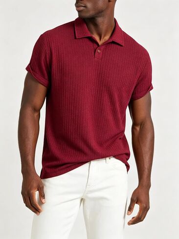 Men's Knit Waffle Short Sleeve Polo Shirt – Soft & Comfortable Casual Polo for Daily Wear in Kuwait