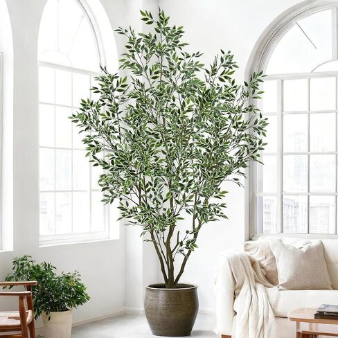 Artificial Ficus Tree 7FT with 1216 Leaves Realistic Tall Large Faux Tropical White-Edged Leaf Lifelike Plant 84 Inch Black Pot for Indoor Home Office Store Corner Decor Housewarming Gifts in Saudi Arabia