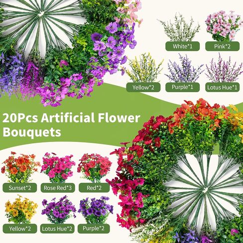 Outdoor Artificial Flowers, UV Resistant, 20 Bundles | Ideal for porch, patio, garden, window box, planter, and farmhouse decor | Colorfast and no watering or maintenance required in Kuwait