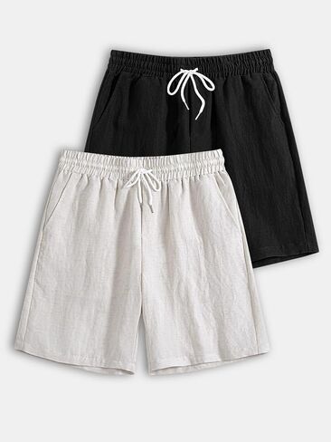 Men's Linen Blend Drawstring Elastic Waist Shorts 2 Pack,Casual Lightweight Breathable Bottoms for Summer Beach Daily Wear in Kuwait