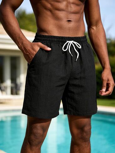 Men's Linen Blend Drawstring Elastic Waist Shorts 2 Pack,Casual Lightweight Breathable Bottoms for Summer Beach Daily Wear in Kuwait