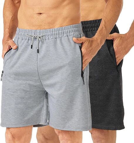 Men's 7" Casual Sweat Shorts with Zipper Pockets, 2 Pack Cotton Athletic Gym Shorts, Lightweight Running Lounge Shorts in Saudi Arabia