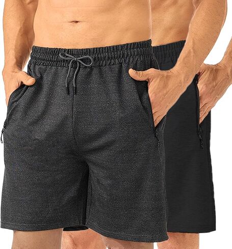 Men's 7" Casual Sweat Shorts with Zipper Pockets, 2 Pack Cotton Athletic Gym Shorts, Lightweight Running Lounge Shorts in Saudi Arabia