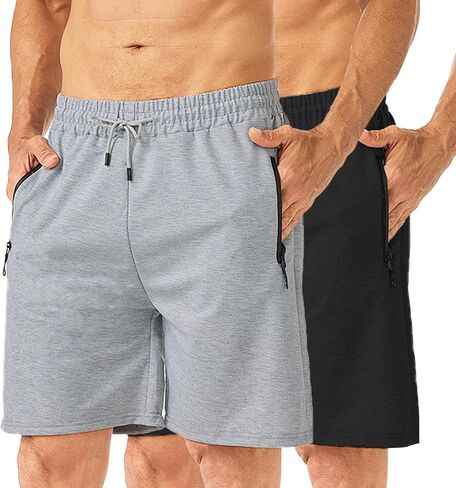 Men's 7" Casual Sweat Shorts with Zipper Pockets, 2 Pack Cotton Athletic Gym Shorts, Lightweight Running Lounge Shorts in Saudi Arabia