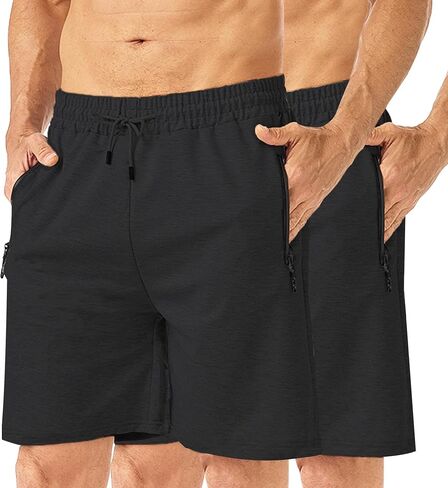 Men's 7" Casual Sweat Shorts with Zipper Pockets, 2 Pack Cotton Athletic Gym Shorts, Lightweight Running Lounge Shorts in Saudi Arabia