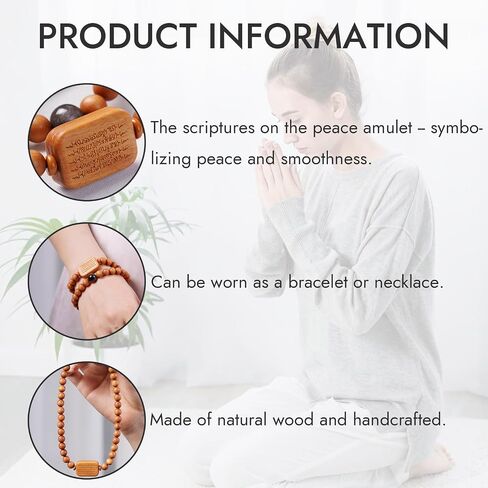 Handcrafted Natural Wood FengShui Meditation Bracelet/Necklace, 8mm Beads with Peace Scripture Amulet, Yoga Prayer Mala in Kuwait