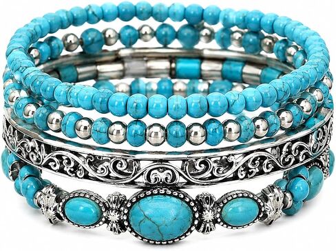 5 Pcs Turquoise Stackable Bracelets for Women Set, Boho Beaded Strand Jewelry Set, Vintage Western Style Accessories for Concert in Saudi Arabia