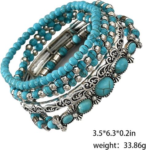 5 Pcs Turquoise Stackable Bracelets for Women Set, Boho Beaded Strand Jewelry Set, Vintage Western Style Accessories for Concert in Saudi Arabia