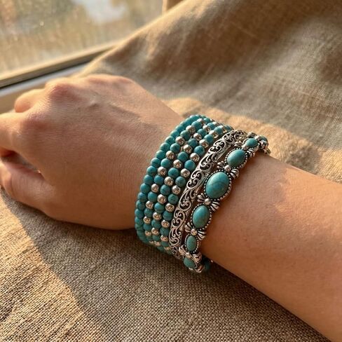 5 Pcs Turquoise Stackable Bracelets for Women Set, Boho Beaded Strand Jewelry Set, Vintage Western Style Accessories for Concert in Saudi Arabia