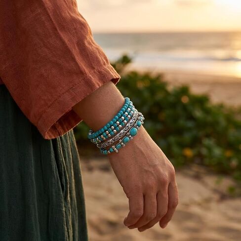 5 Pcs Turquoise Stackable Bracelets for Women Set, Boho Beaded Strand Jewelry Set, Vintage Western Style Accessories for Concert in Saudi Arabia