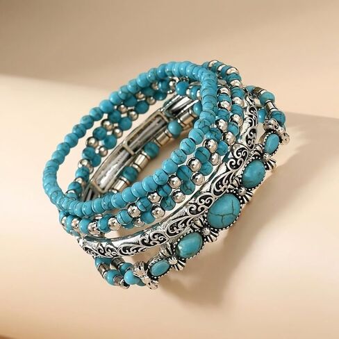 5 Pcs Turquoise Stackable Bracelets for Women Set, Boho Beaded Strand Jewelry Set, Vintage Western Style Accessories for Concert in Saudi Arabia